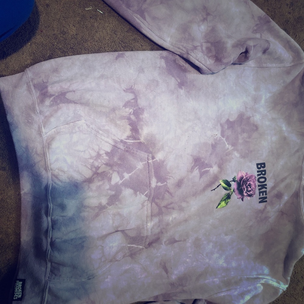 tie dye light purple hoodie. “broken” label